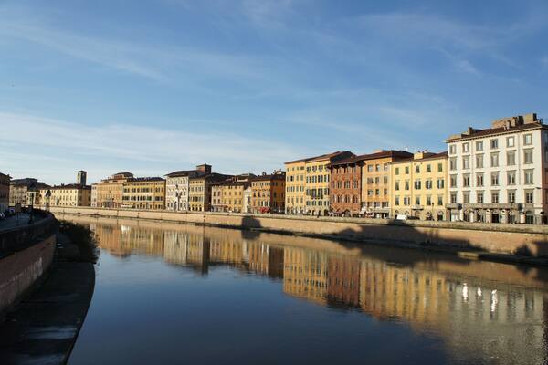 View from the Ponte di Mezzo bridge in Pisa in front of the Gambacorti Palace.