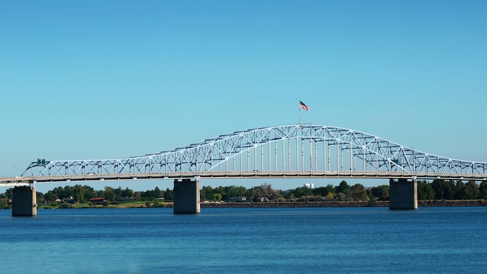 blue bridge over Columbia river in Tri-cities Washington state