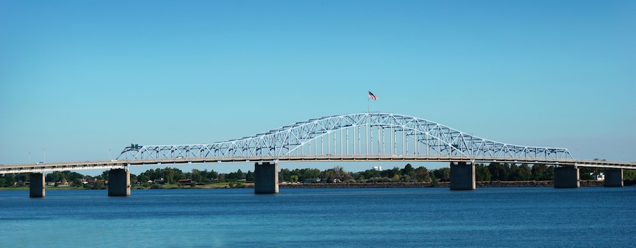 blue bridge over Columbia river in Tri-cities Washington state