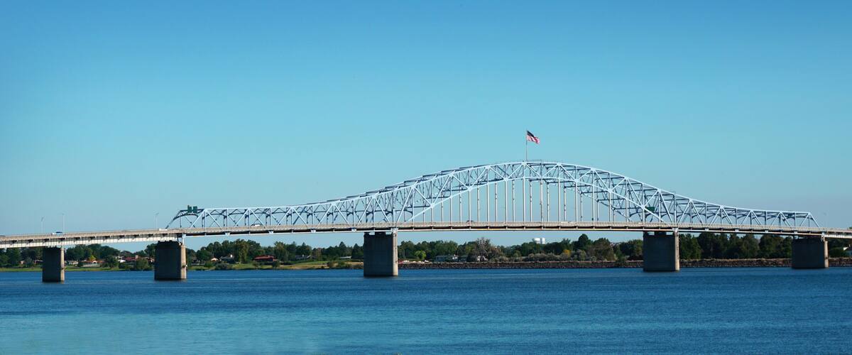 blue bridge over Columbia river in Tri-cities Washington state