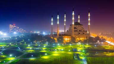 A mosque with multiple minarets, surrounded by a well-lit park with pathways and greenery.