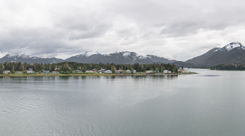 Panaorama of the Waterside buildings on the shore of Petersburg on Sandy Beach Road, Alaska, USA
