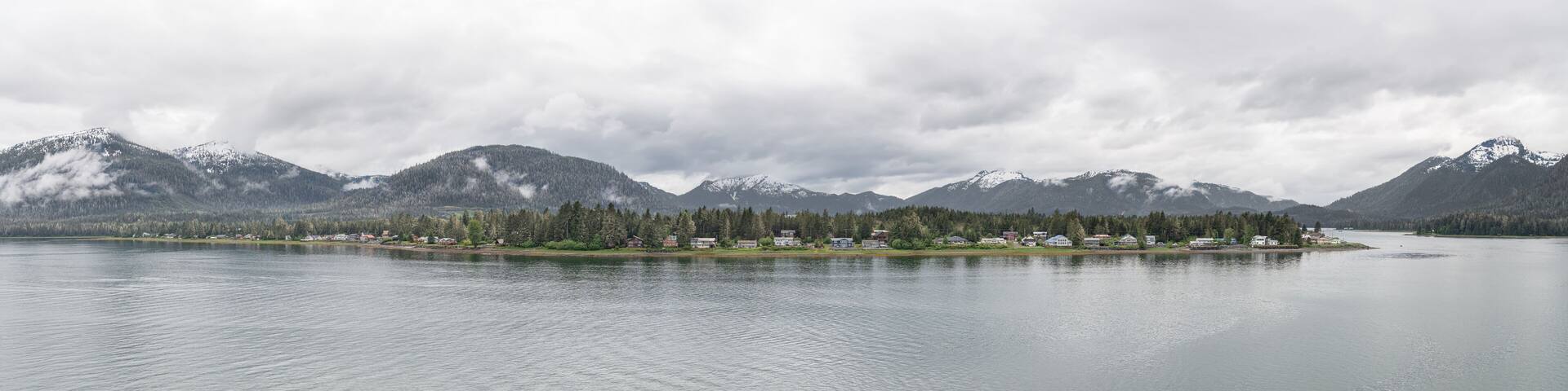 Panaorama of the Waterside buildings on the shore of Petersburg on Sandy Beach Road, Alaska, USA