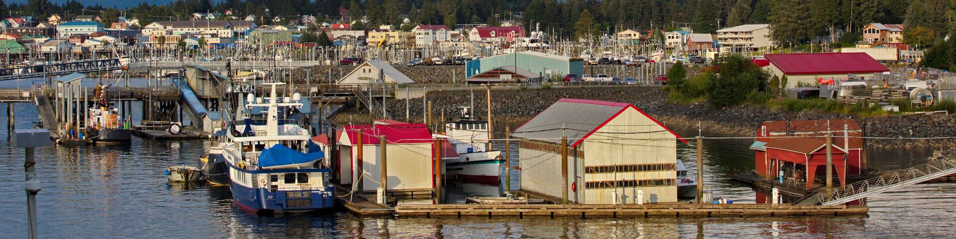 A harbor with boats, a dock, and a mountain in the background.