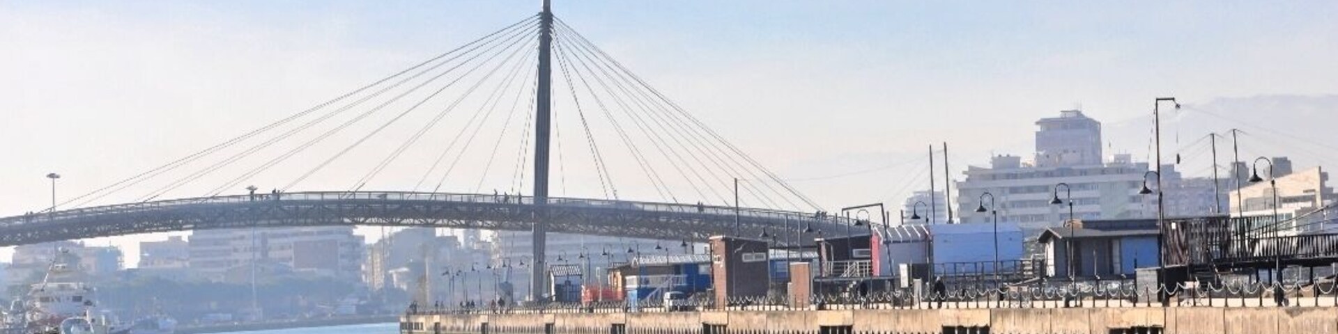 A cable-stayed bridge over a river with industrial buildings in the background.