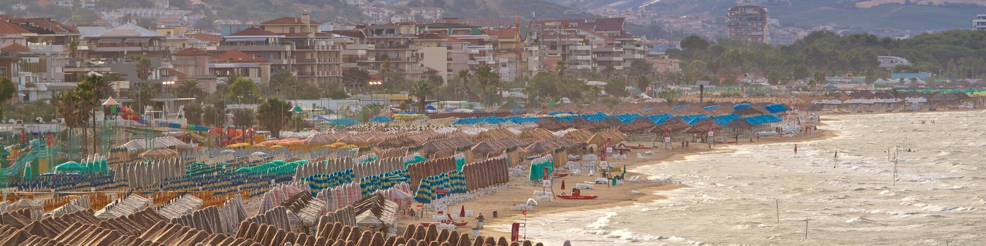Una playa con hileras de sombrillas cónicas y sillas de playa, una orilla arenosa y edificios al fondo.