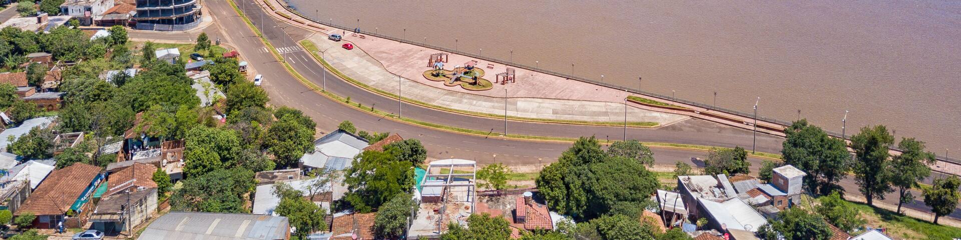 Aerial view of Encarnacion in Paraguay overlooking the bridge to Posadas in Argentina.