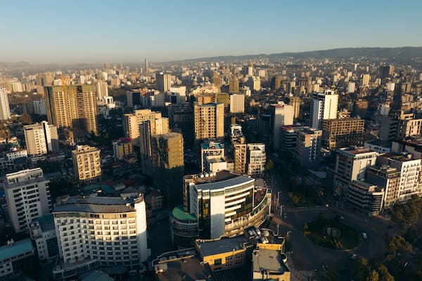 Aerial view of beautiful cityscape with modern skyscrapers and residential buildings, Ghiliffalegn Stream, Addis Ababa, Ethiopia.