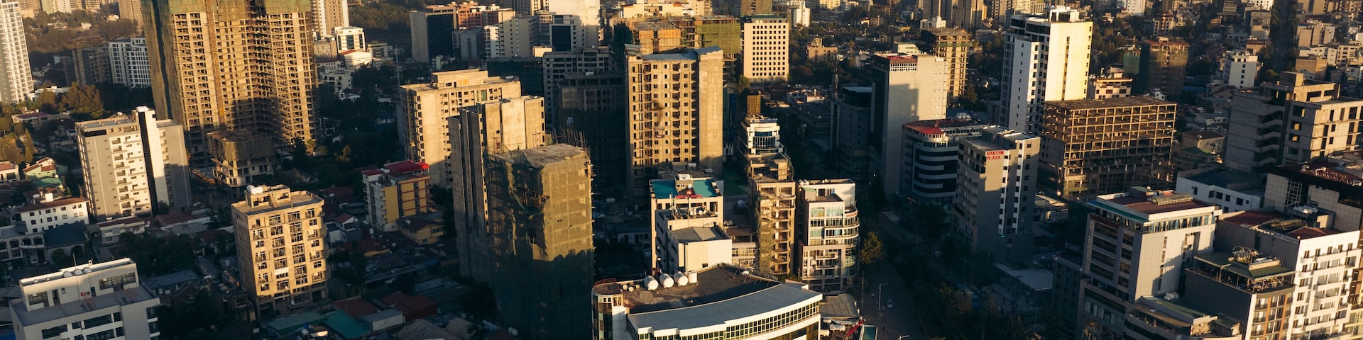 Aerial view of beautiful cityscape with modern skyscrapers and residential buildings, Ghiliffalegn Stream, Addis Ababa, Ethiopia.