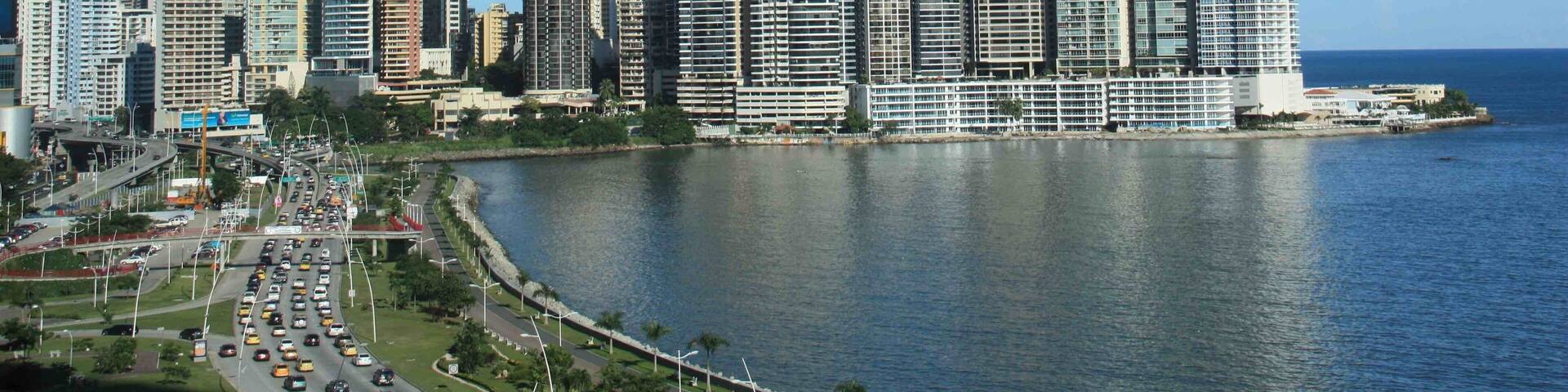 The skyline at Panama City, Panama. There are some nice walkways along the waterfront.