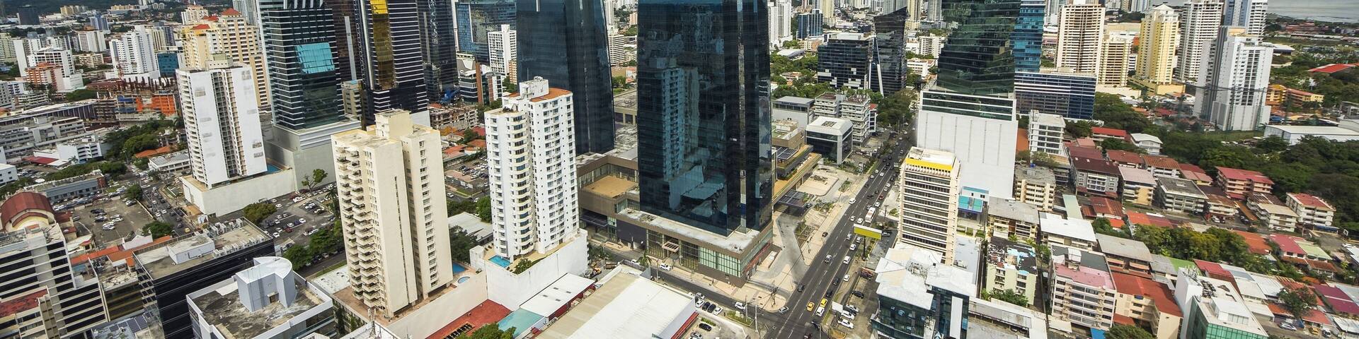 Aerial view of the modern skyline of Panama City , Panama