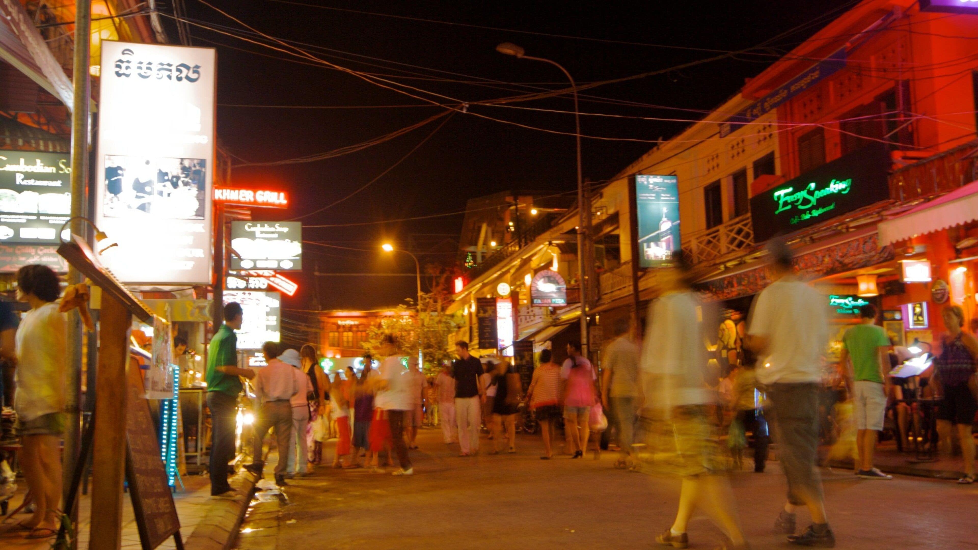 Cambodia showing signage, night scenes and nightlife
