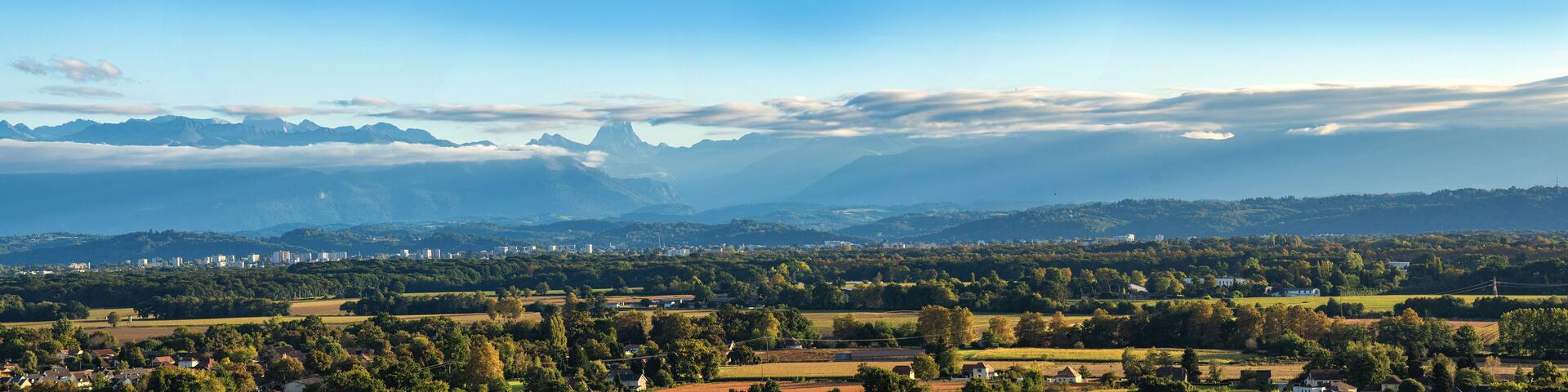 landscape of Pau city, Pyrenees mountains on background