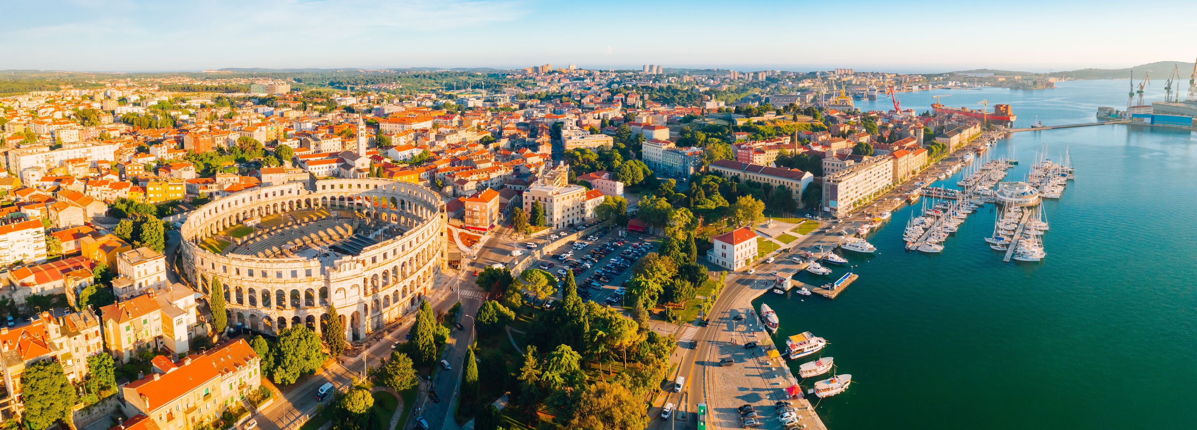 Aerial drone photo of famous european city of Pula and arena of roman time.