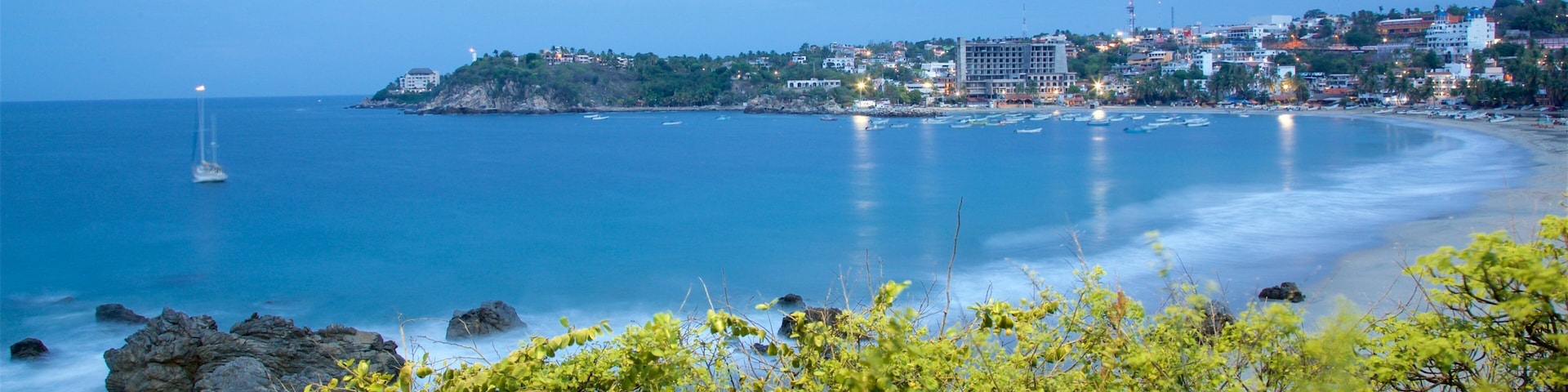 Oaxaca showing boating, rugged coastline and a beach