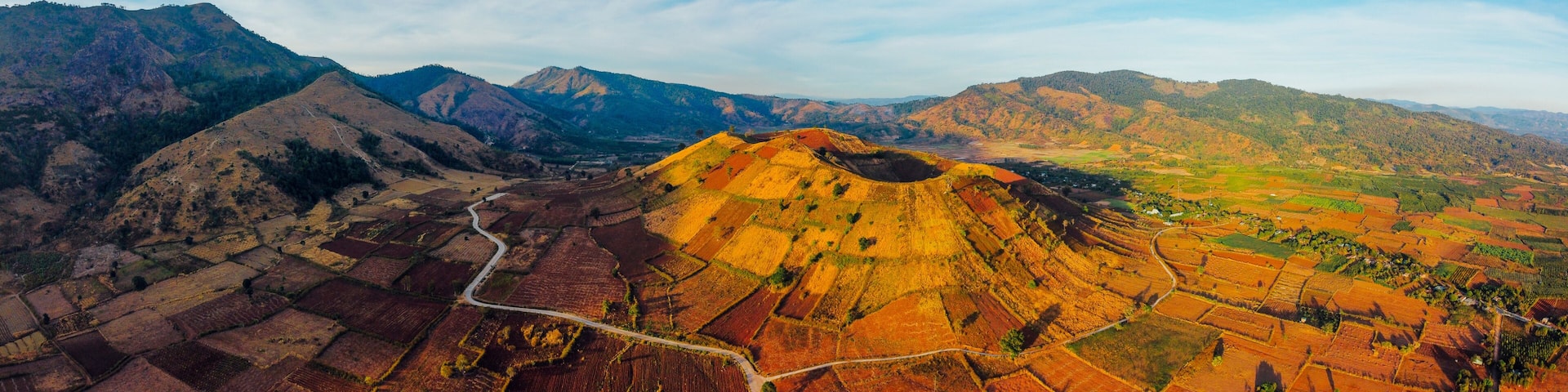 Aerial view of Chu Dang Ya volcano mountain near Pleiku city, Gia Lai province, Vietnam. Chu Dang Ya mountain is a volcano that has stopped working