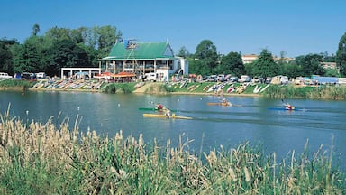 A lakeside rowing event with spectators and a green-roofed building in the background.