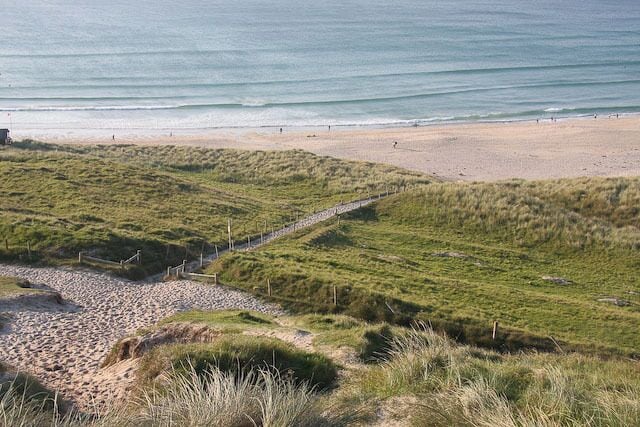 A beach with a grassy dune area and a sandy beach.