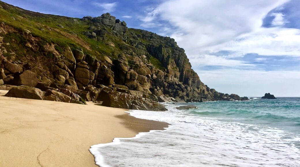 The immaculate sand, sea and granite of Porthchapel Cove, reached only by a difficult rocky descent which has claimed many victims!