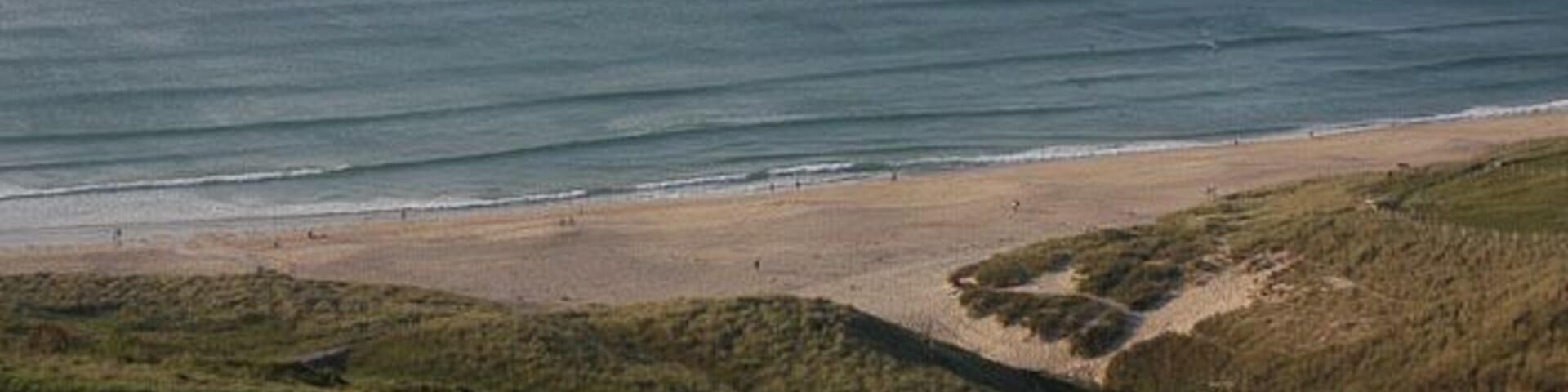 A coastal landscape with a sandy beach, grassy dunes, and the ocean.
