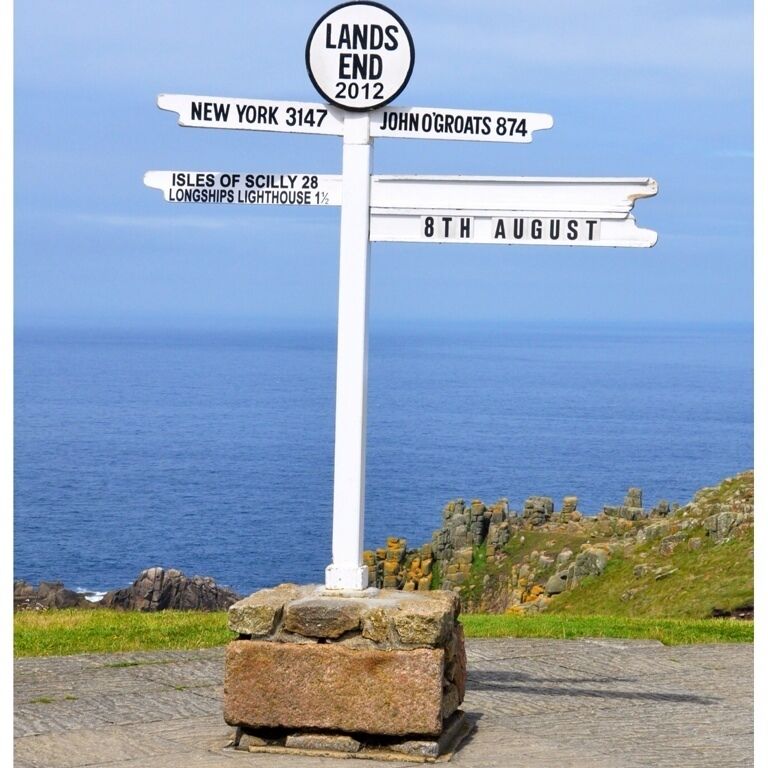 A directional signpost with destinations and distances, set against a coastal backdrop.