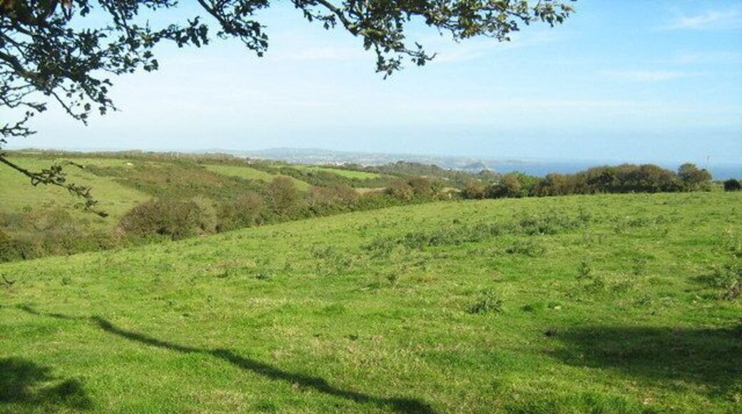 Farmland near Chyandour Brook Looking south east towards Mount's Bay, with St Michael's Mount just visible.