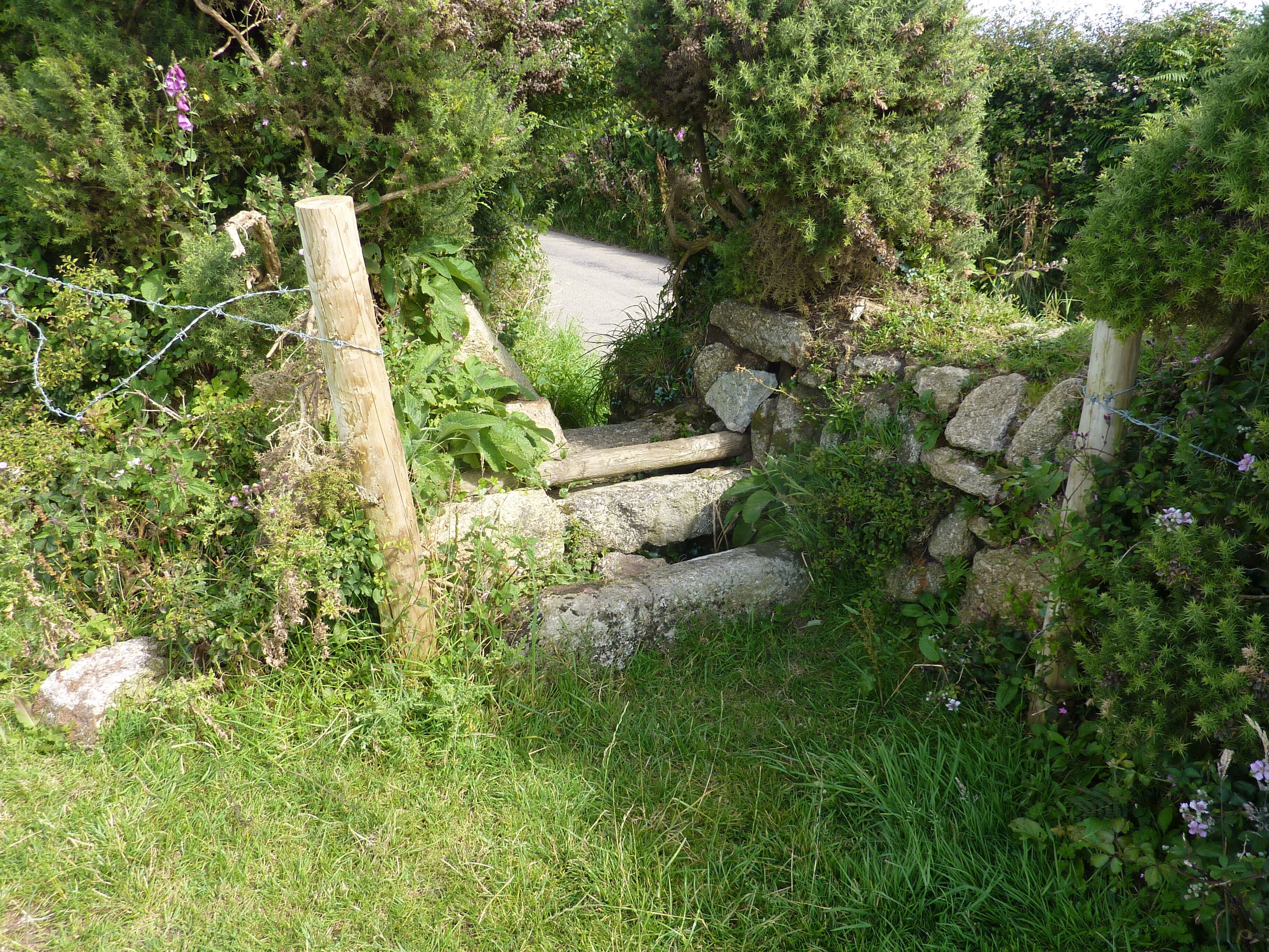 A stone bridge over a narrow road, surrounded by dense vegetation and a wooden fence.
