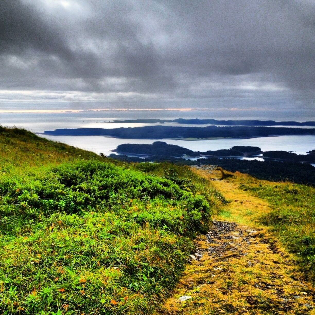 A coastal landscape with a grassy path leading to a body of water, surrounded by hills and under a cloudy sky.