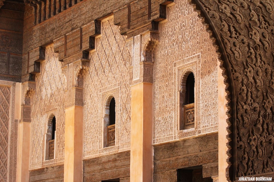 Detailed carved architectural patterns on a building facade.