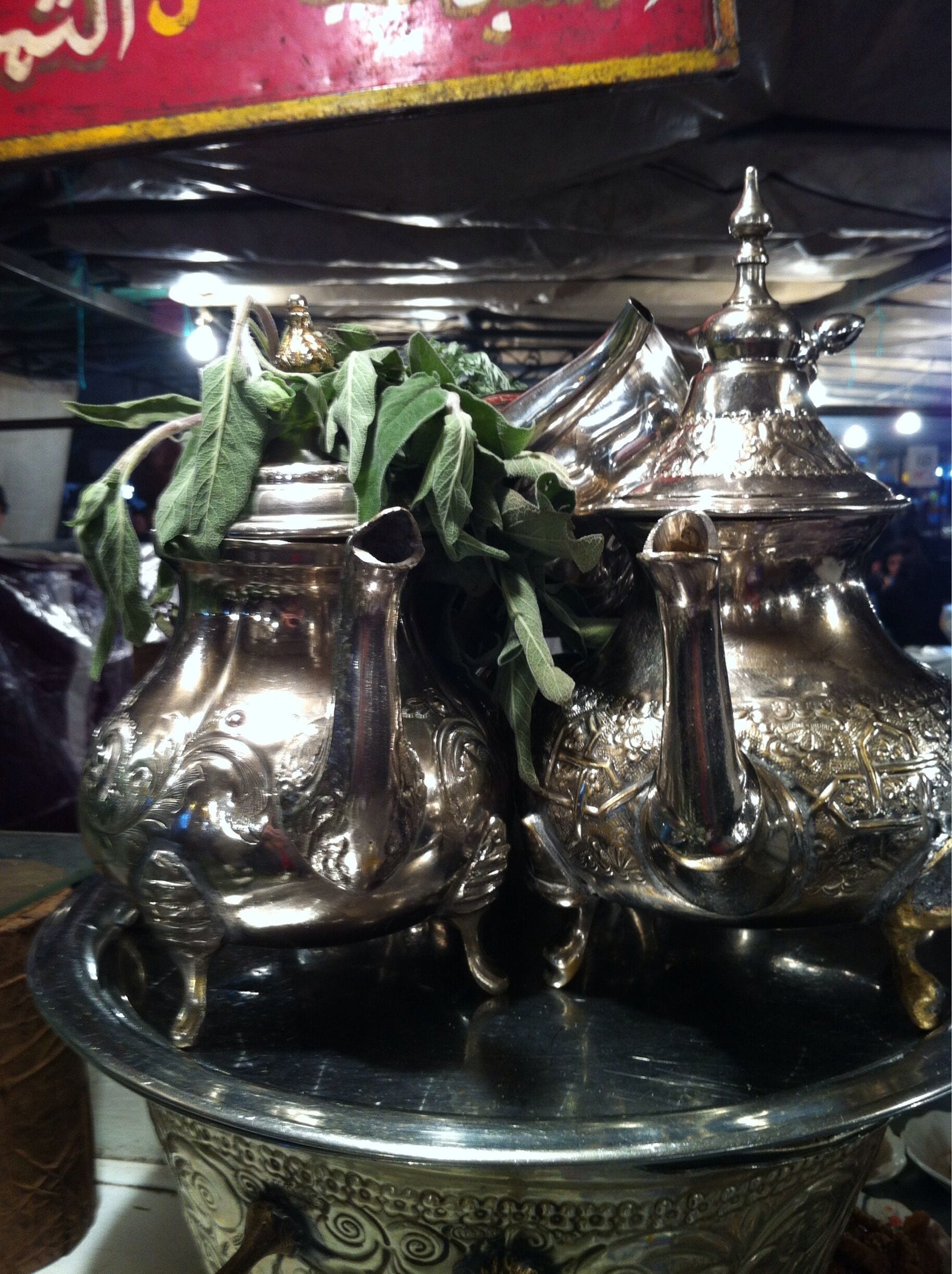 One of the only just tea stools in the Djemma night market sold huge glasses of Moroccan whiskey, or mint tea to you and me! I loved these tea pots too.