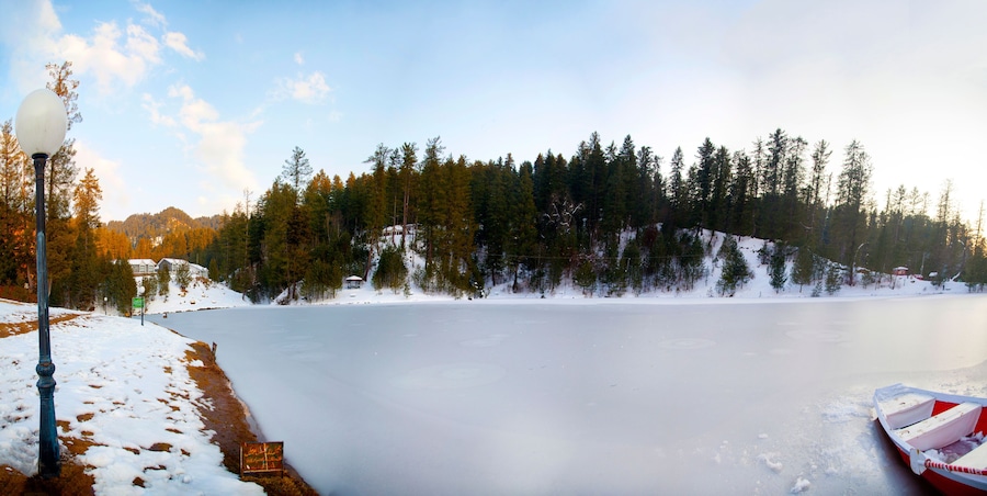 frozen banjosa lake panoramic view in winter , rawlakot, Kashmir