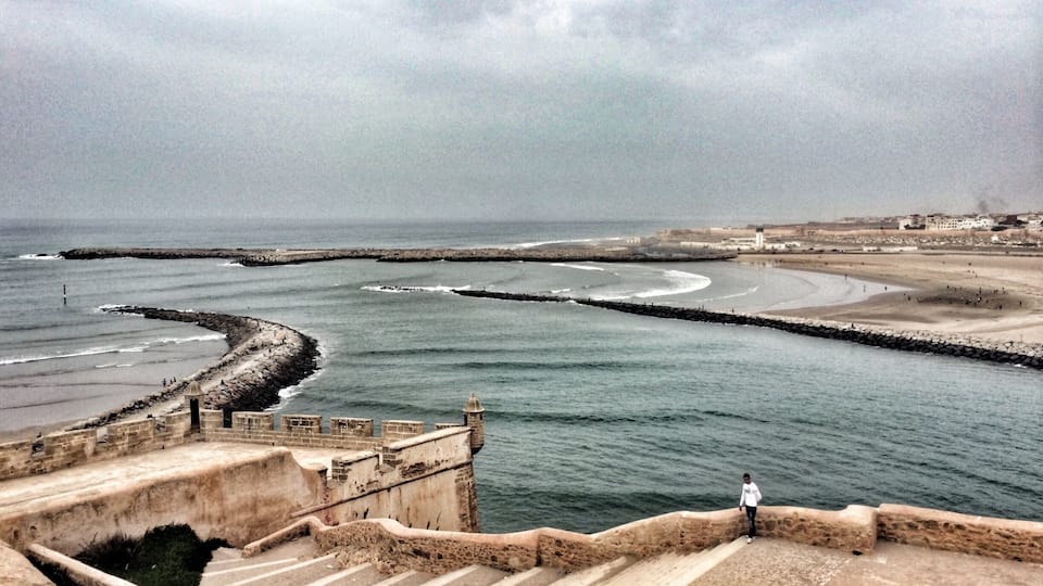 The mouth of the river between Sale and Rabat is a hub of activity. One can view it from the old fort Oudaya and watch the people from each city swim in the river, paddle board or play on the beaches. The Atlantic crashes on this coast but this area is protected from the full force of the waves.