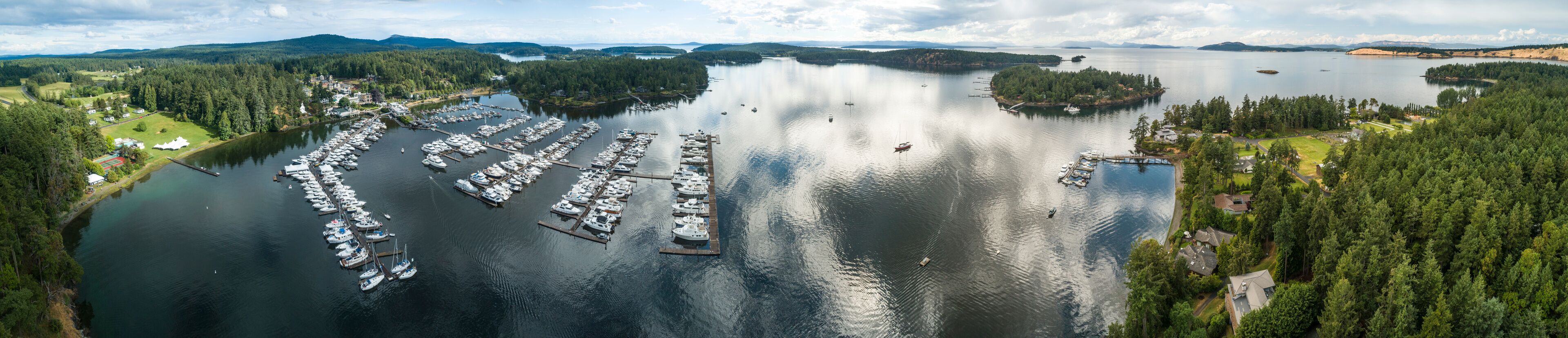 A marina with numerous boats docked, surrounded by dense forests and a large body of water.