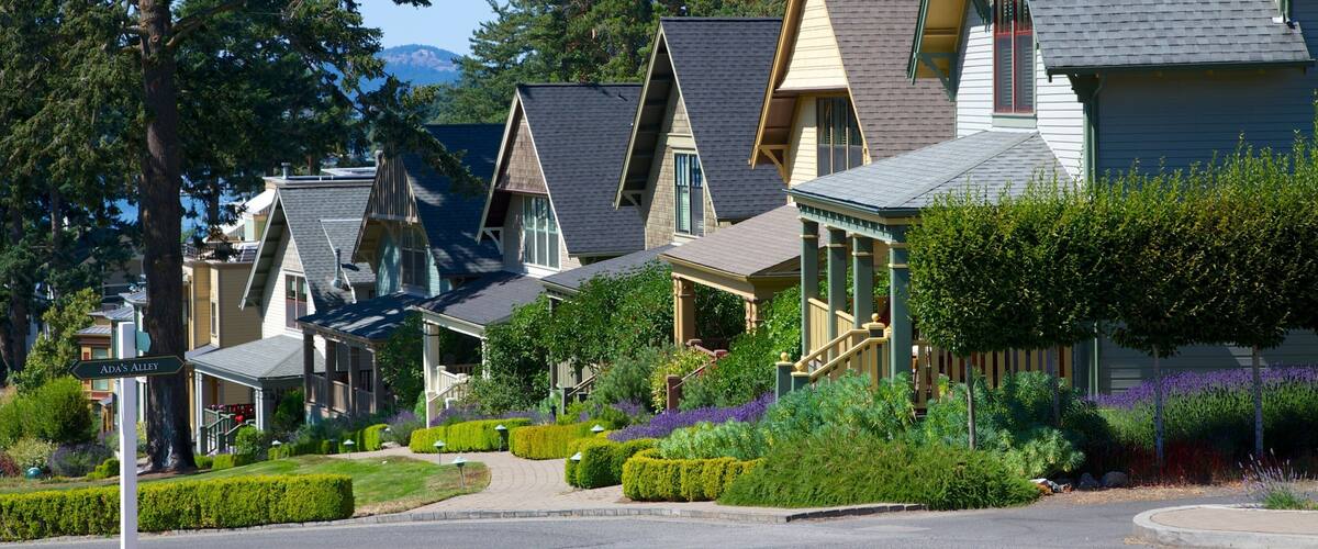 A residential street lined with houses, a street sign, and a well-maintained garden.