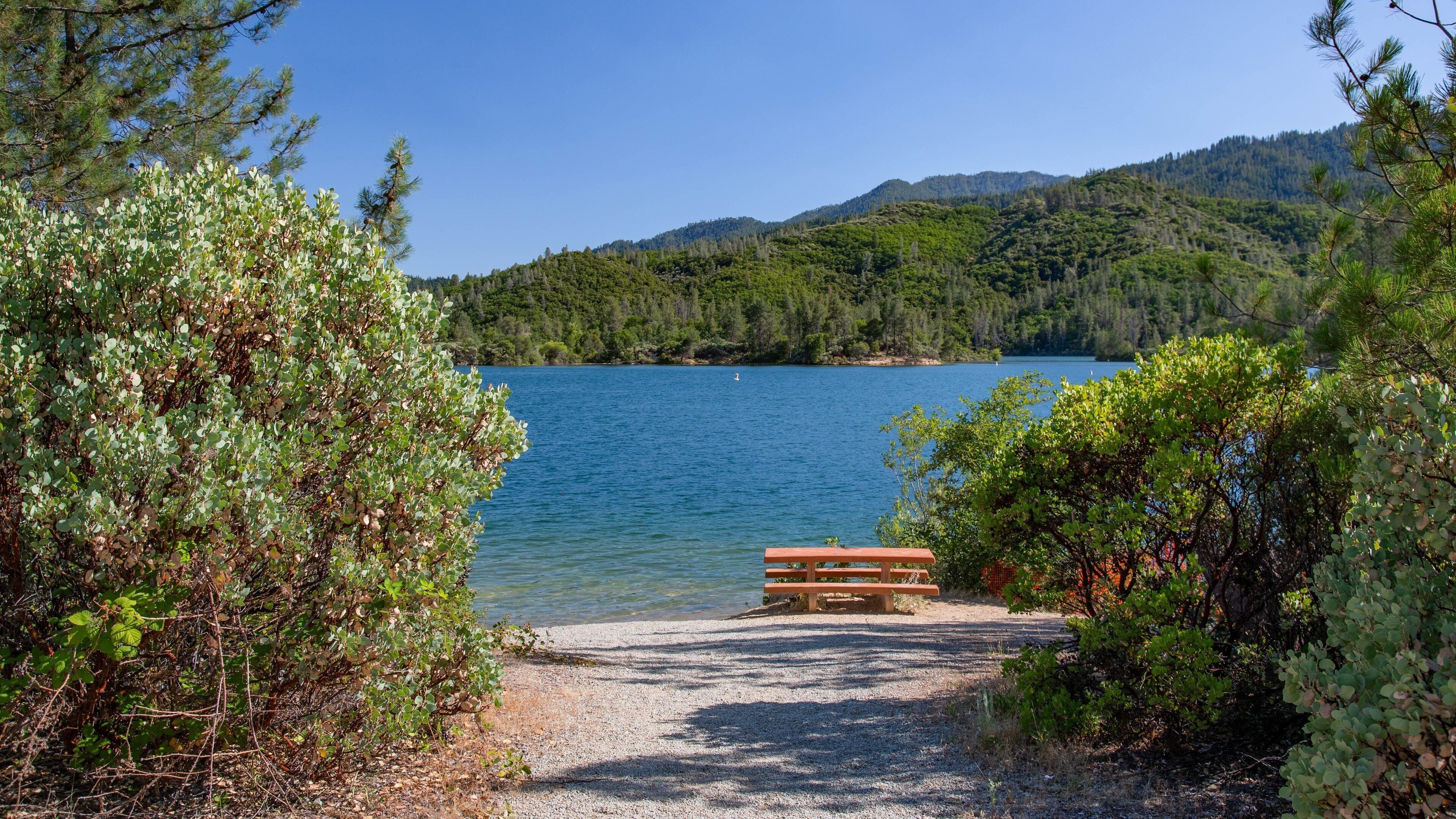 A gravel path leading to a wooden bench by a calm lake, surrounded by dense greenery and hills in the background.