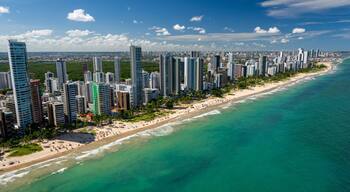 Boa Viagem Beach, Recife, Pernambuco, Brazil on March 1, 2014. The most famous urban beach in the city, approximately eight kilometers long. Aerial view