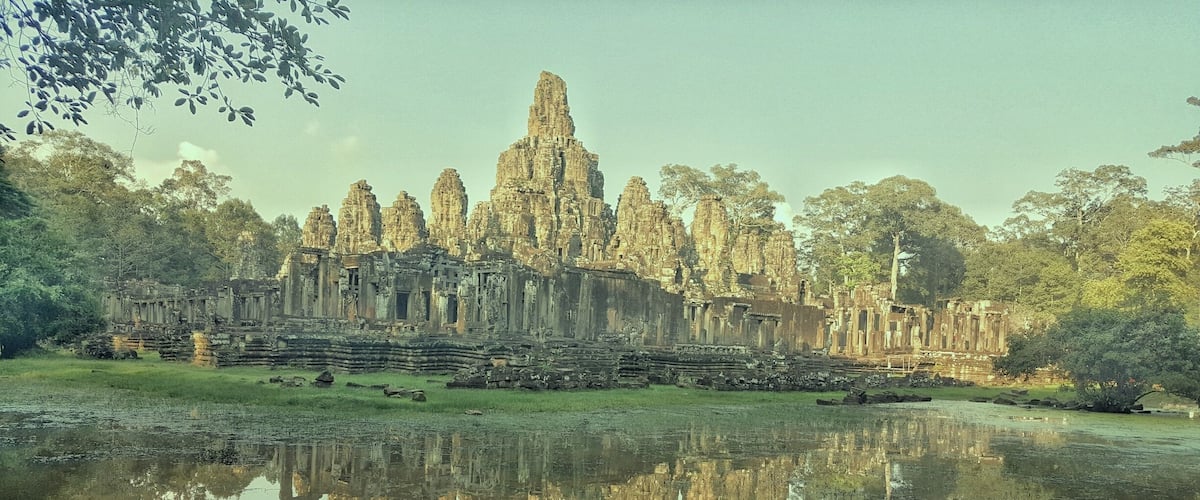 Bayon temple, a richly decorated Khmer temple at Angkor in Cambodia.