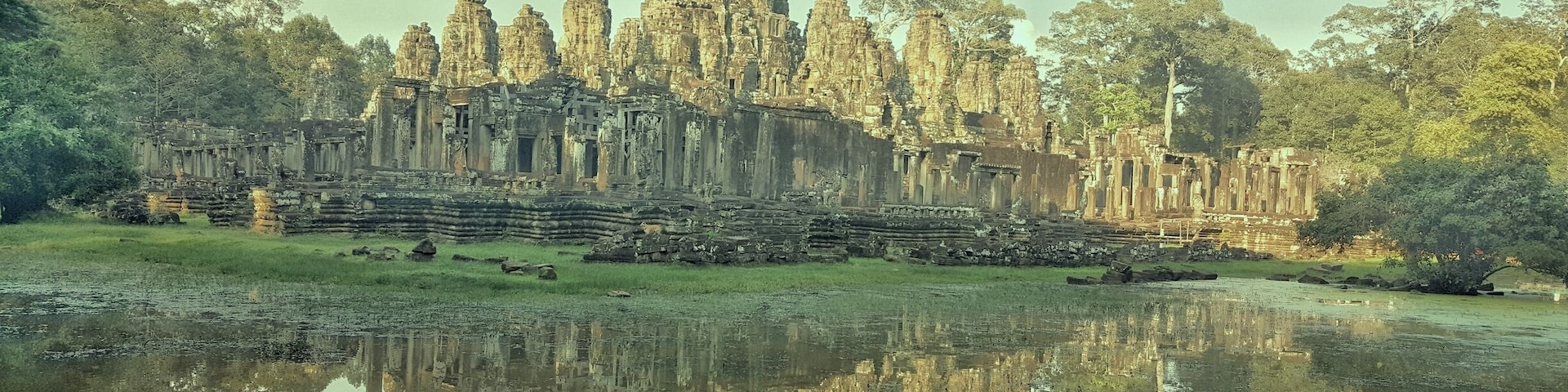 Bayon temple, a richly decorated Khmer temple at Angkor in Cambodia.