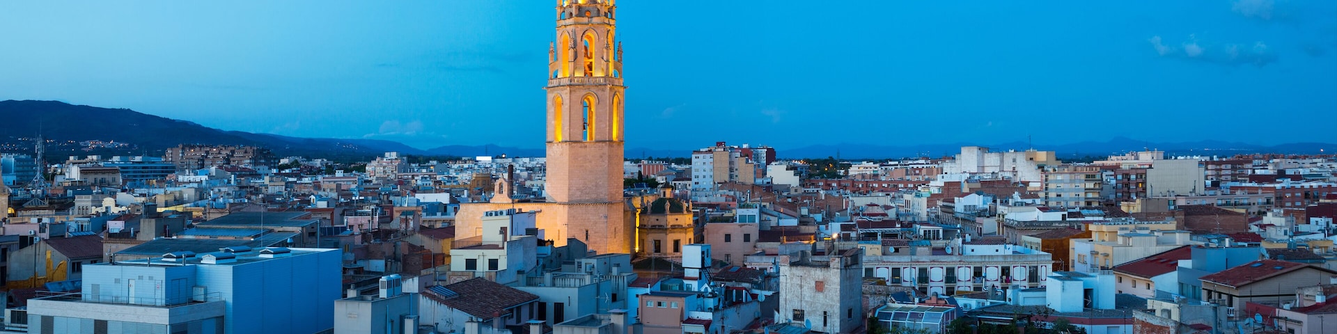 A cityscape with a prominent tower and densely packed buildings.