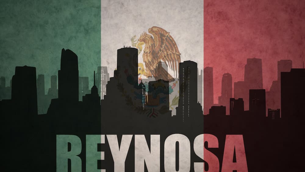 abstract silhouette of the city with text Reynosa at the vintage mexican flag