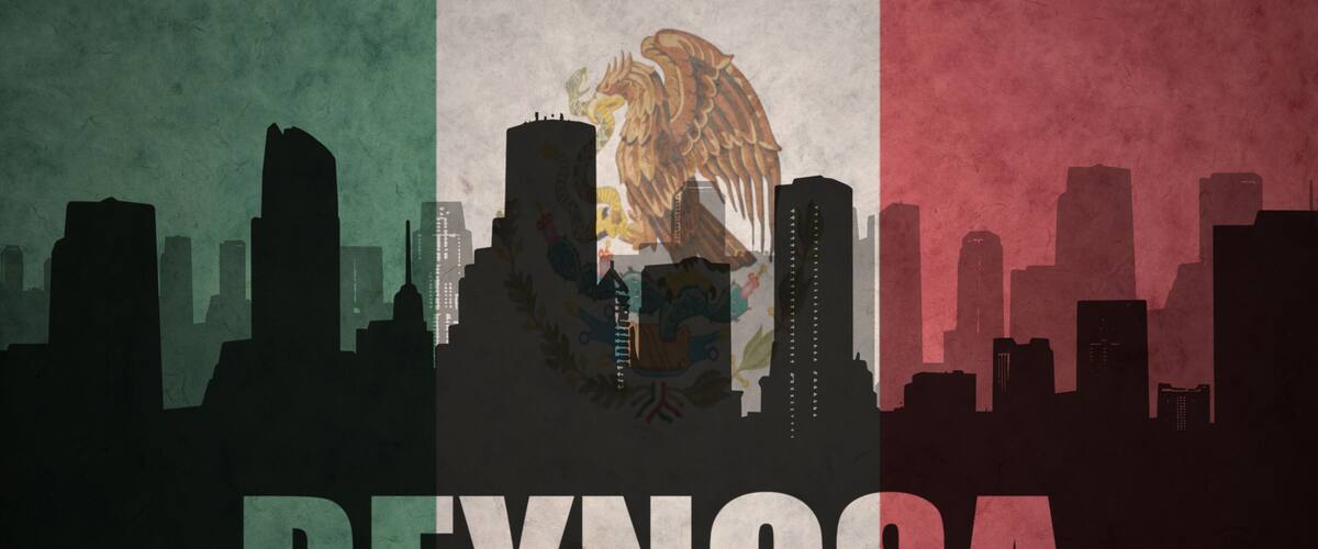 abstract silhouette of the city with text Reynosa at the vintage mexican flag