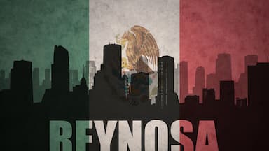 abstract silhouette of the city with text Reynosa at the vintage mexican flag