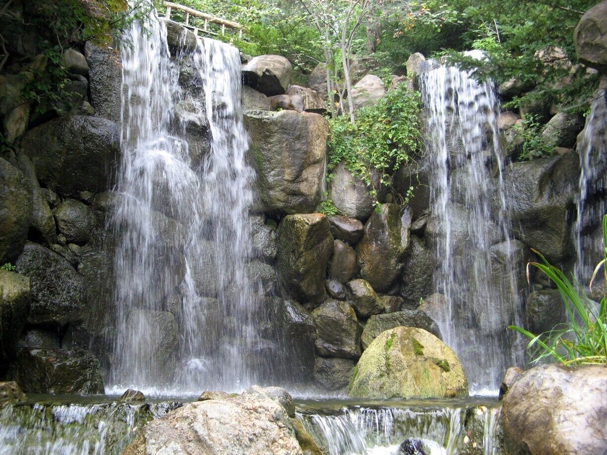 A waterfall cascading over rocks in a forested area.