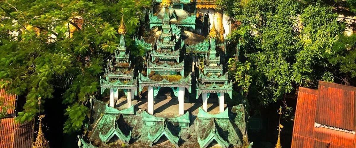 The pagoda with a lot of artwork in the monastery compound , views from the top floor of tower .