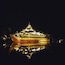 A large, illuminated ship with multiple decks and a traditional design, docked at night with its reflection visible on the water.