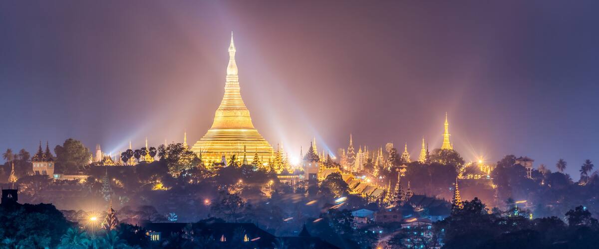 A large illuminated pagoda at night with surrounding smaller structures and trees.