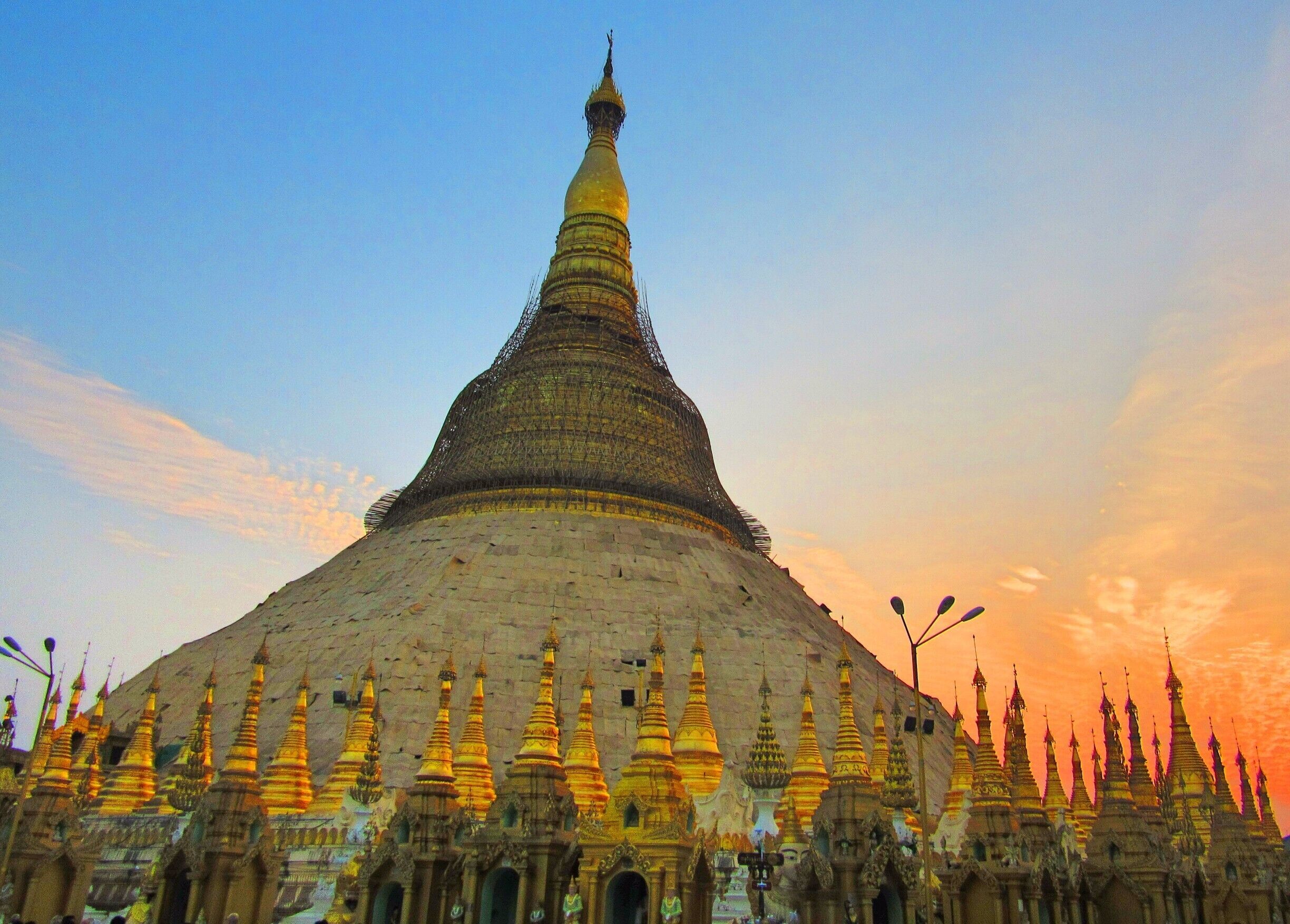 Sunset at Myanmar's most holy temple, Shwedagon Pagoda.