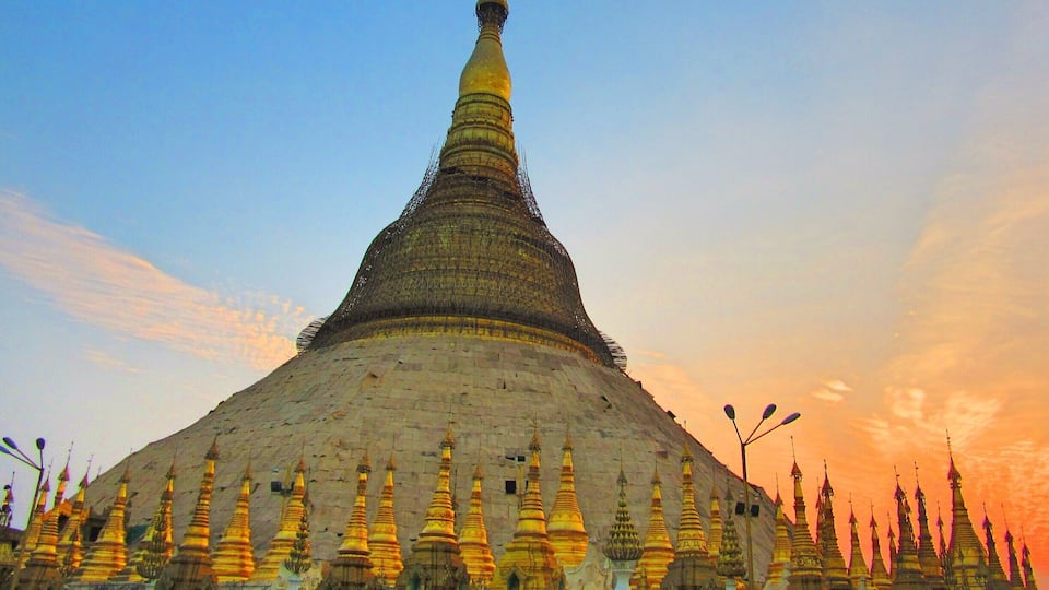Sunset at Myanmar's most holy temple, Shwedagon Pagoda.