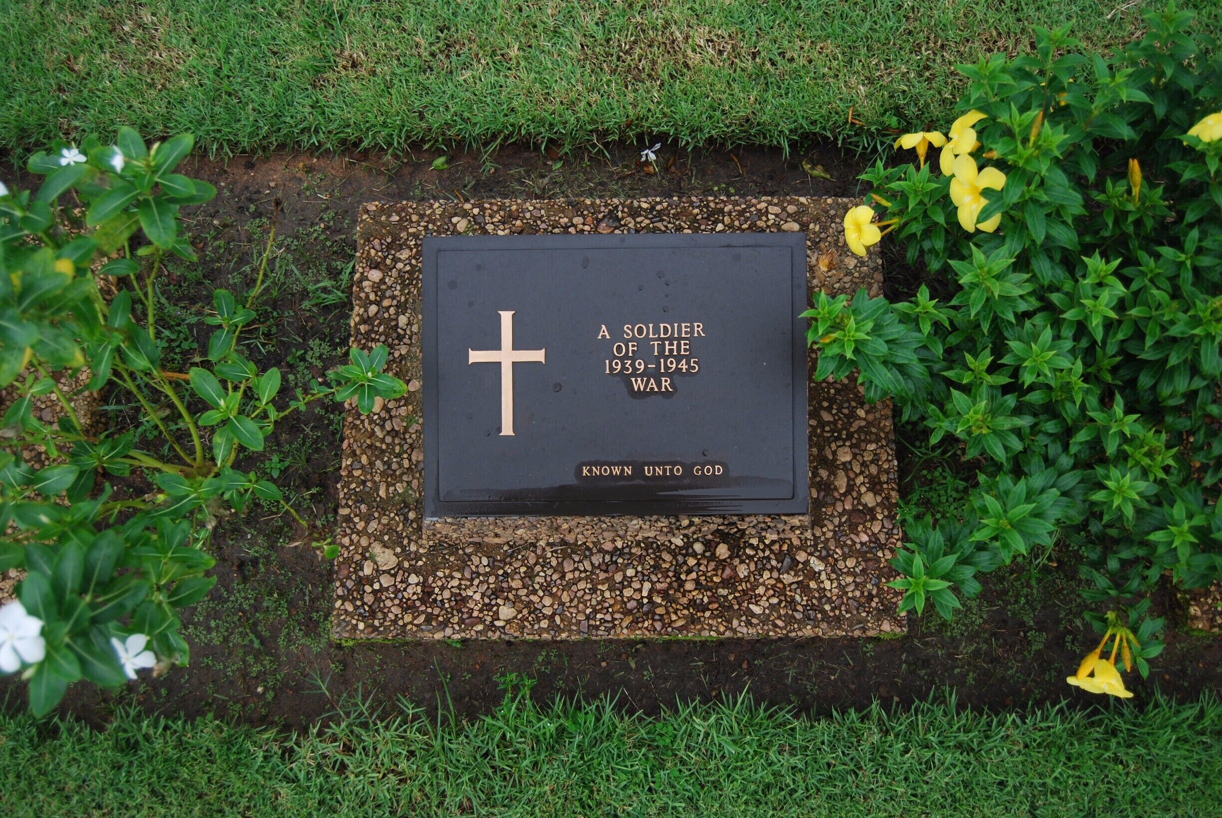 Una lápida con cruz y texto que conmemora a un soldado de la guerra 1939-1945, rodeada de vegetación.