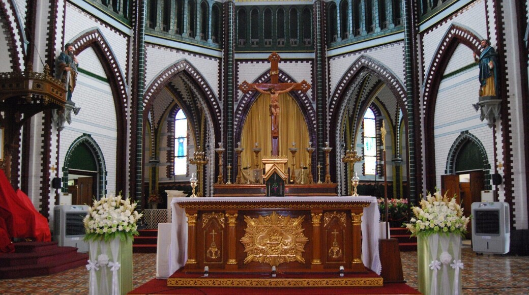 This gothic style church is absolutely gorgeous and was completed sometime between 1899-1910. It is easy to see the church from around the city because of the iconic steeples. The architecute, detail work, stained glass, and reliefs inside the church are truly works of art. A must see church in Yangon.
Women must wear long pants or skirt to enter. Visitor hours are between 2-5pm and sometime in the morning on days there are not services. Entrance is free